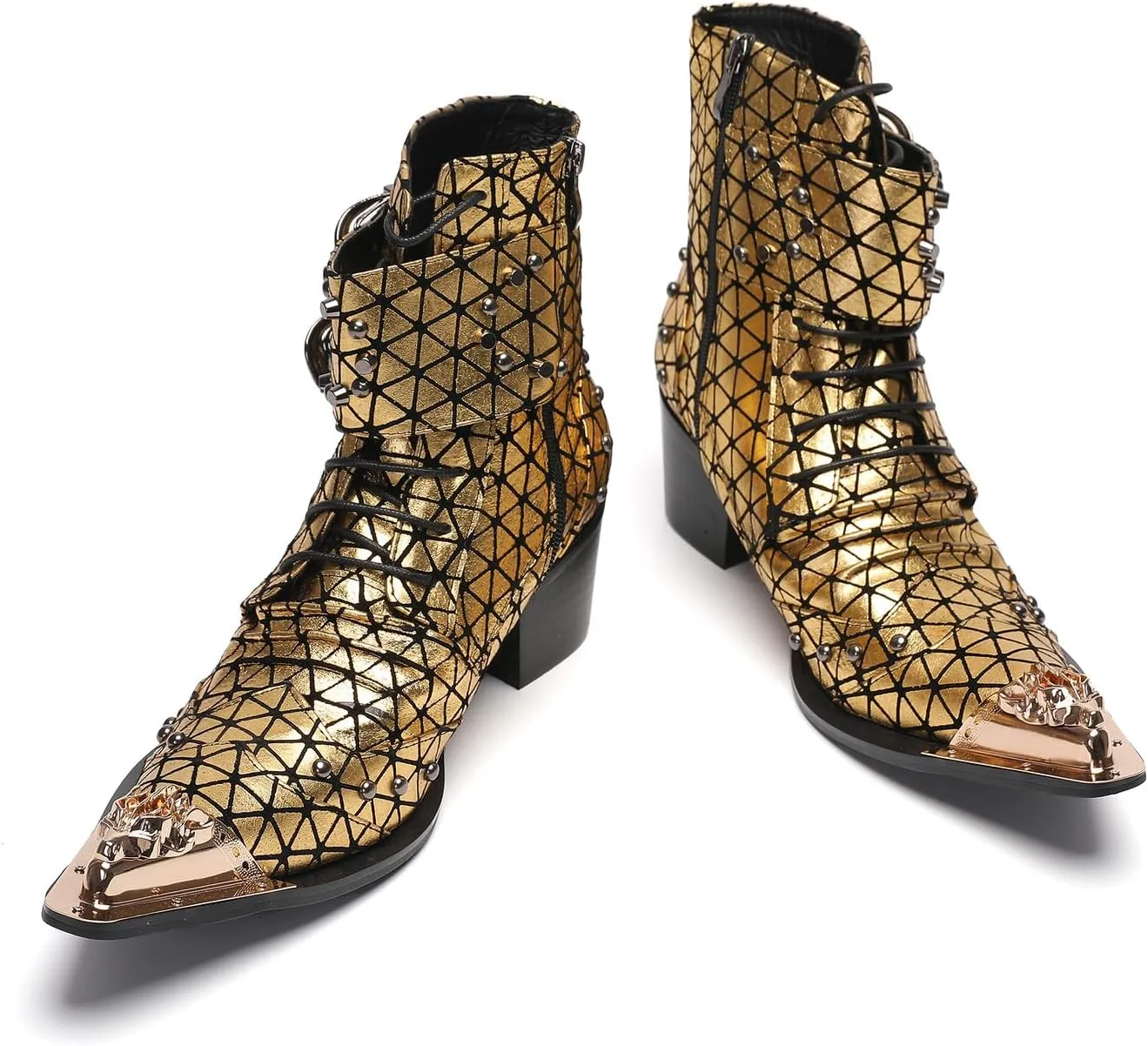 Cowboy Boots for Men Casual Dress Mid Top Boots Metal-Tip Toe Genuine Leather Double Buckles Beads Western Boots Fashion Bar Singer Party Prom Wedding Tuxedo Chelsea Boots for Men