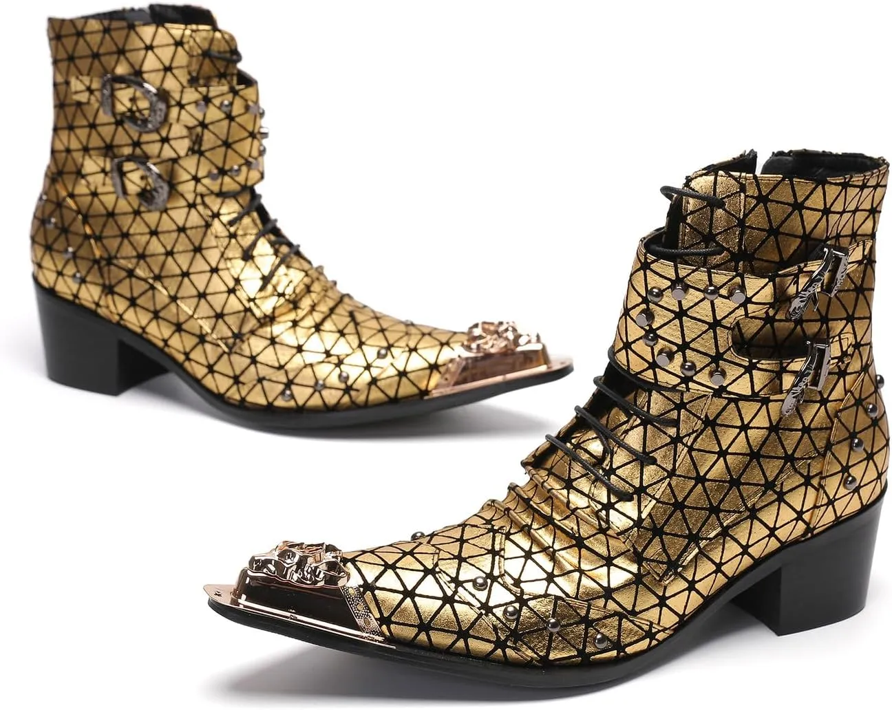 Cowboy Boots for Men Casual Dress Mid Top Boots Metal-Tip Toe Genuine Leather Double Buckles Beads Western Boots Fashion Bar Singer Party Prom Wedding Tuxedo Chelsea Boots for Men