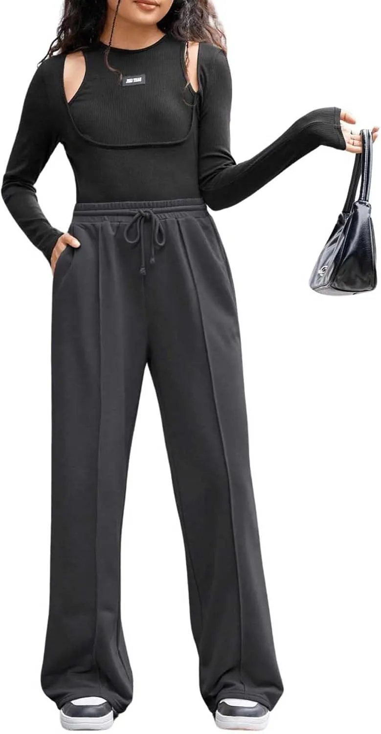 COZYEASE Girl's Wide Leg Sweatpants Elastic Waist Drawstring Straight Leg Baggy Jogger Pants with Pocket