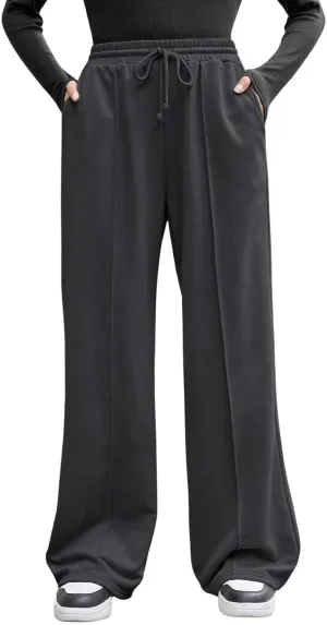 COZYEASE Girl's Wide Leg Sweatpants Elastic Waist Drawstring Straight Leg Baggy Jogger Pants with Pocket