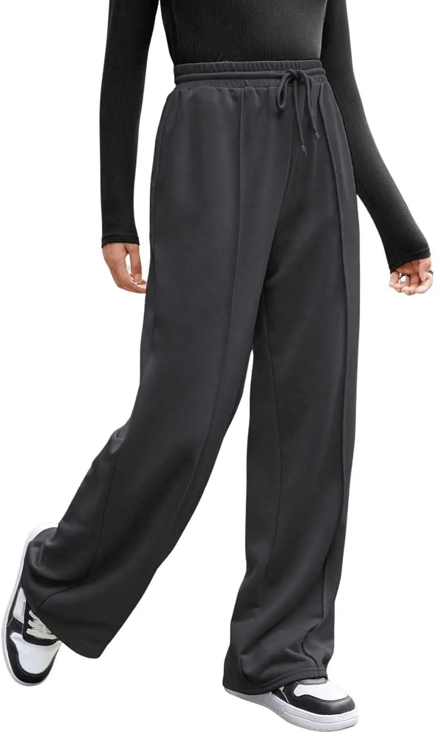 COZYEASE Girl's Wide Leg Sweatpants Elastic Waist Drawstring Straight Leg Baggy Jogger Pants with Pocket