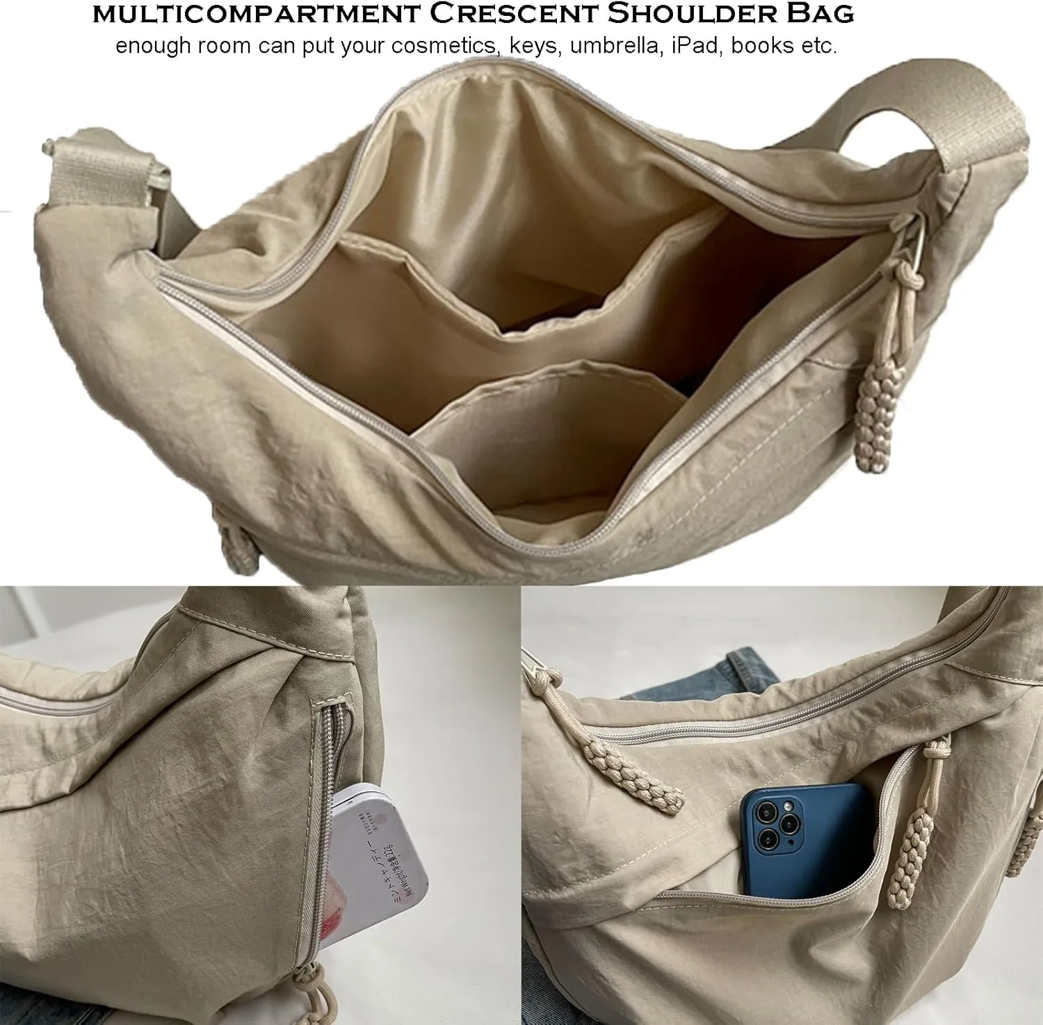 Crescent Shoulder Bag Nylon Crossbody Bag for Women Men Sling Bag Purse Hobo Bag Slouchy Dumpling Bag