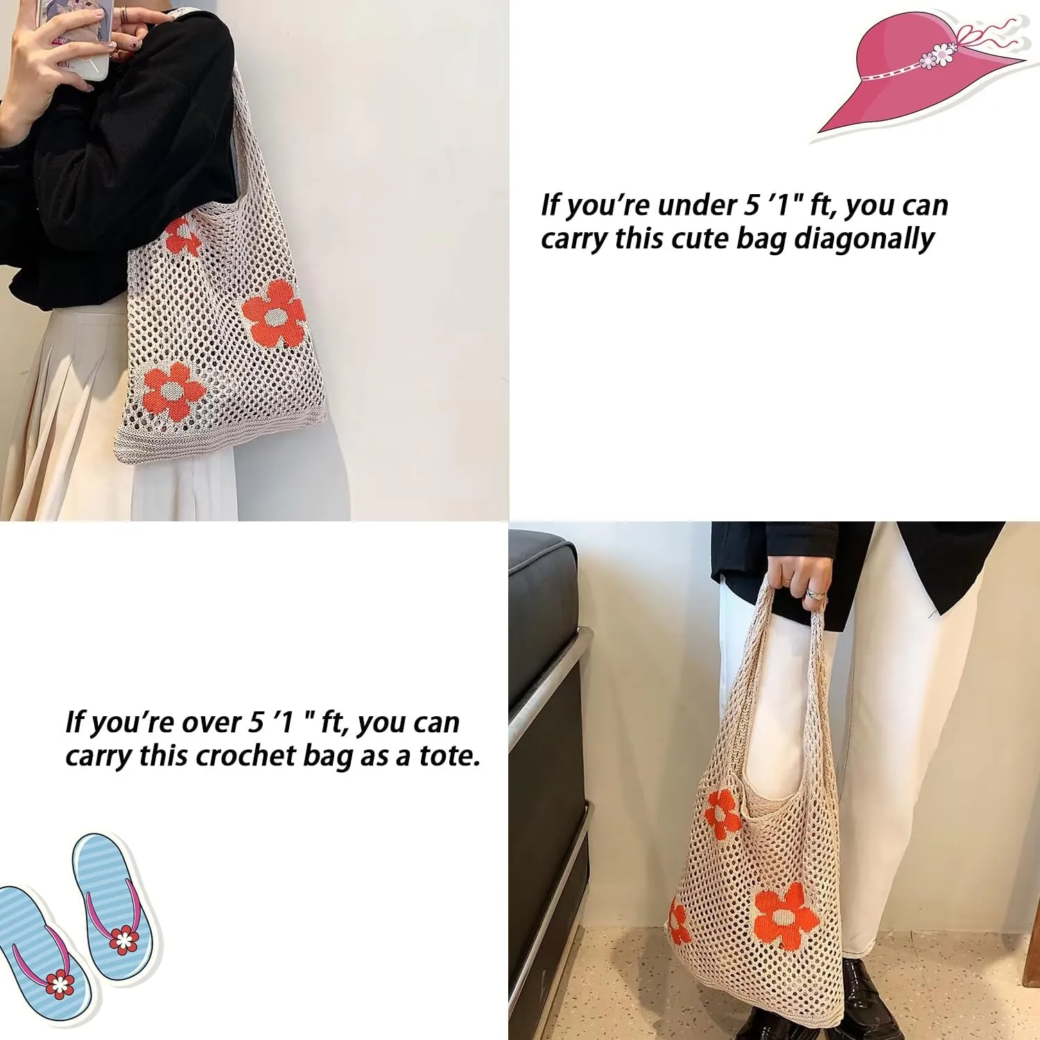 Crochet Tote Bag, Women Summer Aesthetic Mesh Beach Bags, Girls Hobo Bags Y2k Purse Fairy Grunge Accessories