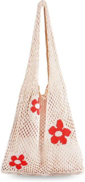 Crochet Tote Bag, Women Summer Aesthetic Mesh Beach Bags, Girls Hobo Bags Y2k Purse Fairy Grunge Accessories