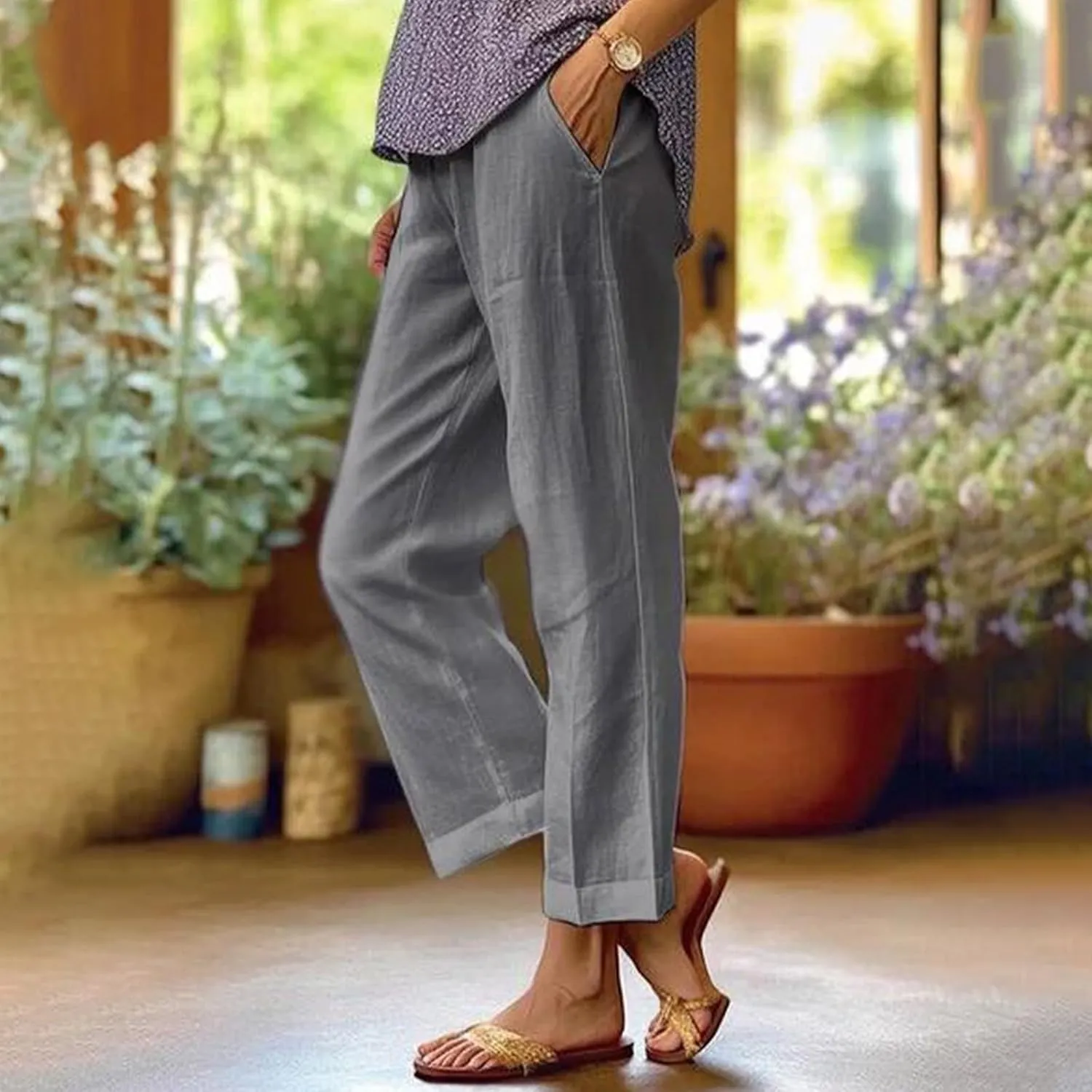 Cropped Linen Pants Women Summer Elastic Waist Straight Leg Plus Size Crop Pants Casual Beach Trousers with Pockets