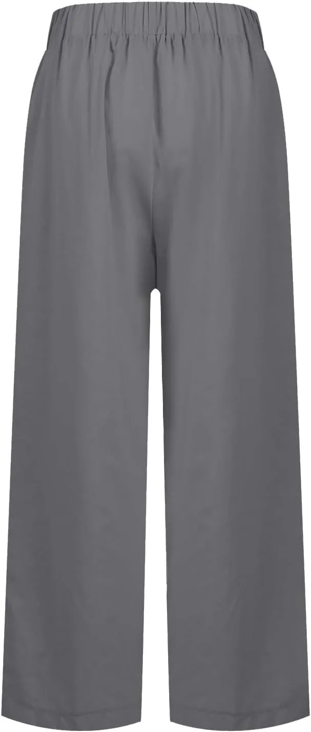 Cropped Linen Pants Women Summer Elastic Waist Straight Leg Plus Size Crop Pants Casual Beach Trousers with Pockets