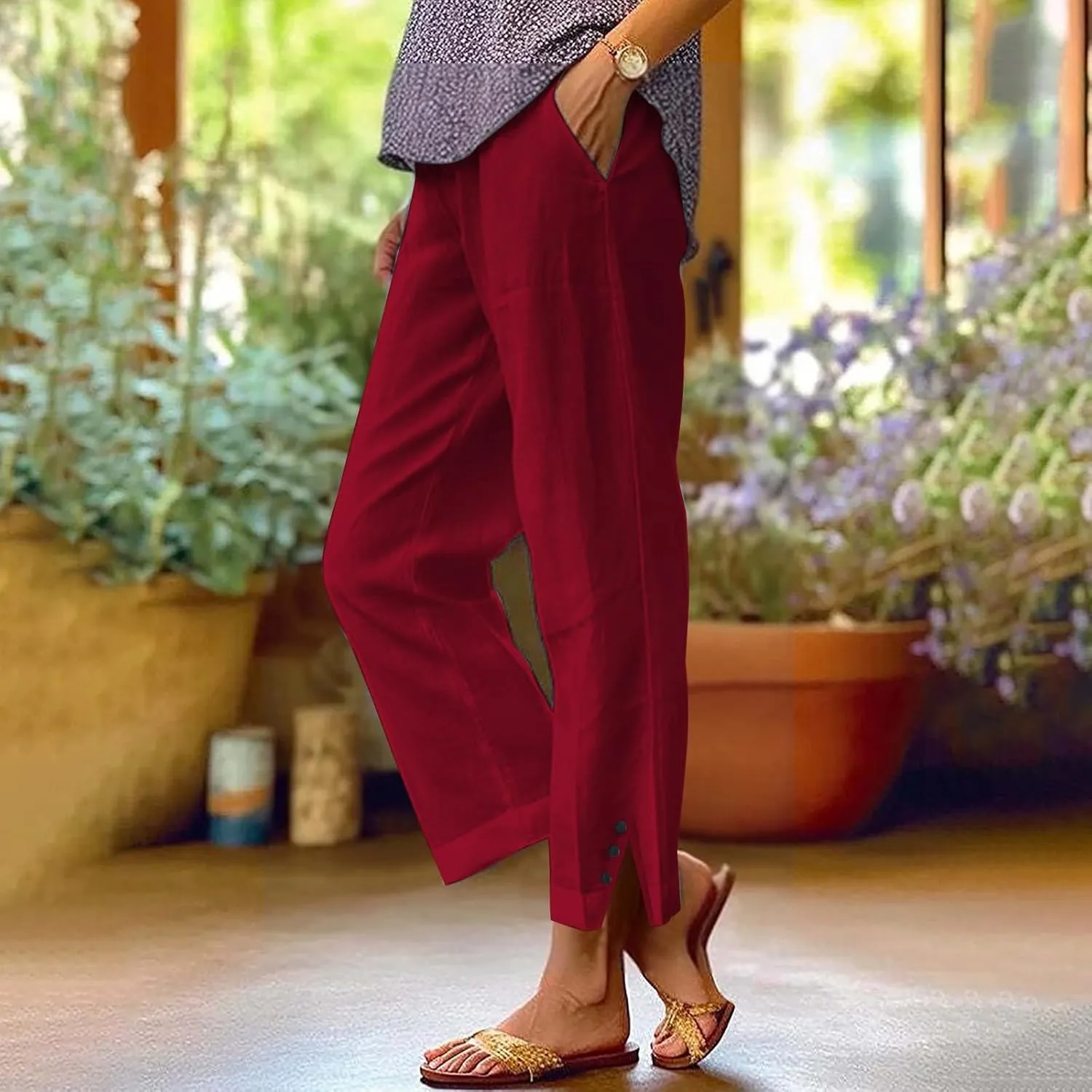 Cropped Linen Pants Women Summer Elastic Waist Straight Leg Plus Size Crop Pants Casual Beach Trousers with Pockets