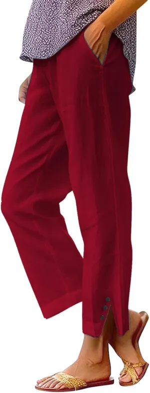 Cropped Linen Pants Women Summer Elastic Waist Straight Leg Plus Size Crop Pants Casual Beach Trousers with Pockets