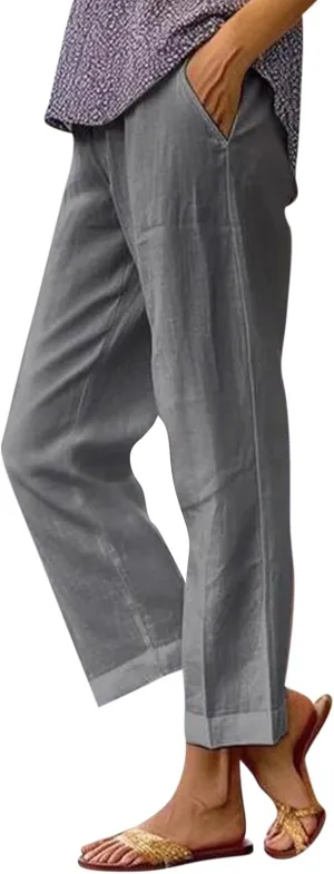 Cropped Linen Pants Women Summer Elastic Waist Straight Leg Plus Size Crop Pants Casual Beach Trousers with Pockets