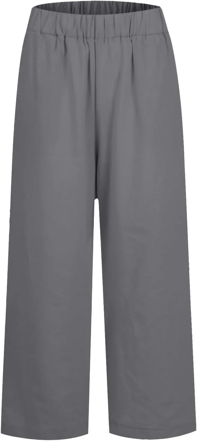 Cropped Linen Pants Women Summer Elastic Waist Straight Leg Plus Size Crop Pants Casual Beach Trousers with Pockets