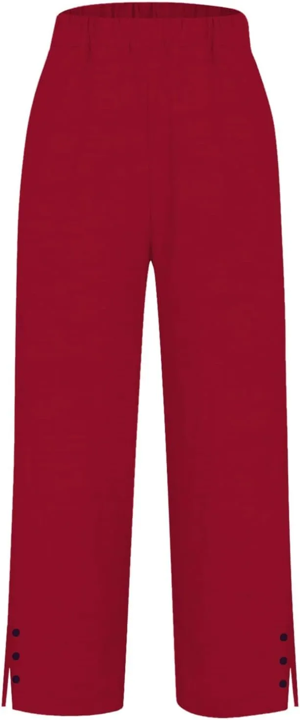 Cropped Linen Pants Women Summer Elastic Waist Straight Leg Plus Size Crop Pants Casual Beach Trousers with Pockets