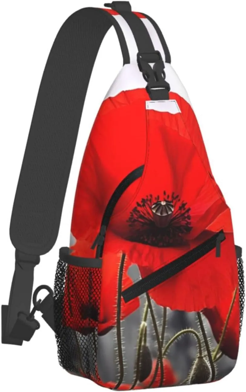 Cross Chest Bag Sling Backpack Red Poppy Flower Sling Bag Crossbody Shoulder Bag Travel Hiking Daypack