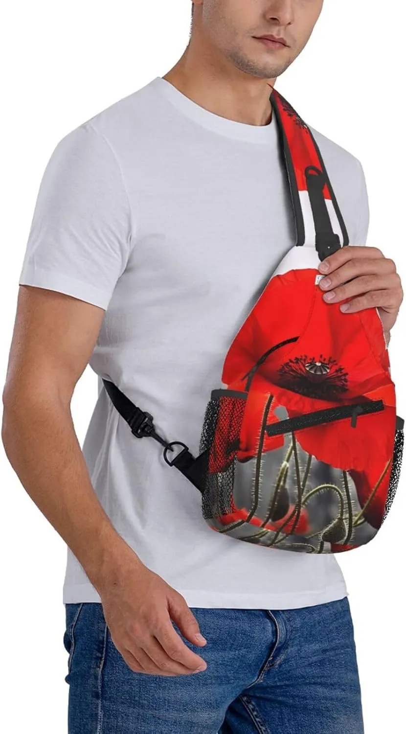 Cross Chest Bag Sling Backpack Red Poppy Flower Sling Bag Crossbody Shoulder Bag Travel Hiking Daypack