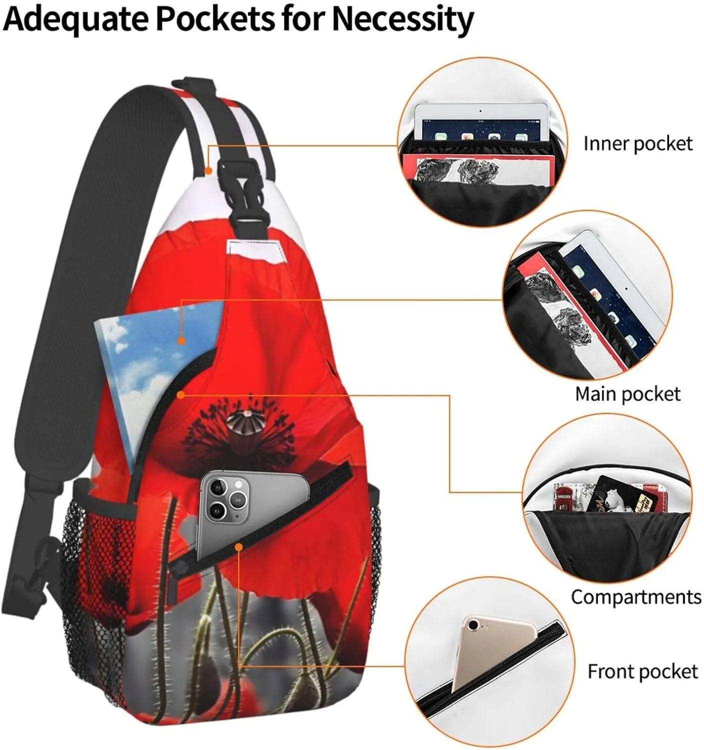 Cross Chest Bag Sling Backpack Red Poppy Flower Sling Bag Crossbody Shoulder Bag Travel Hiking Daypack