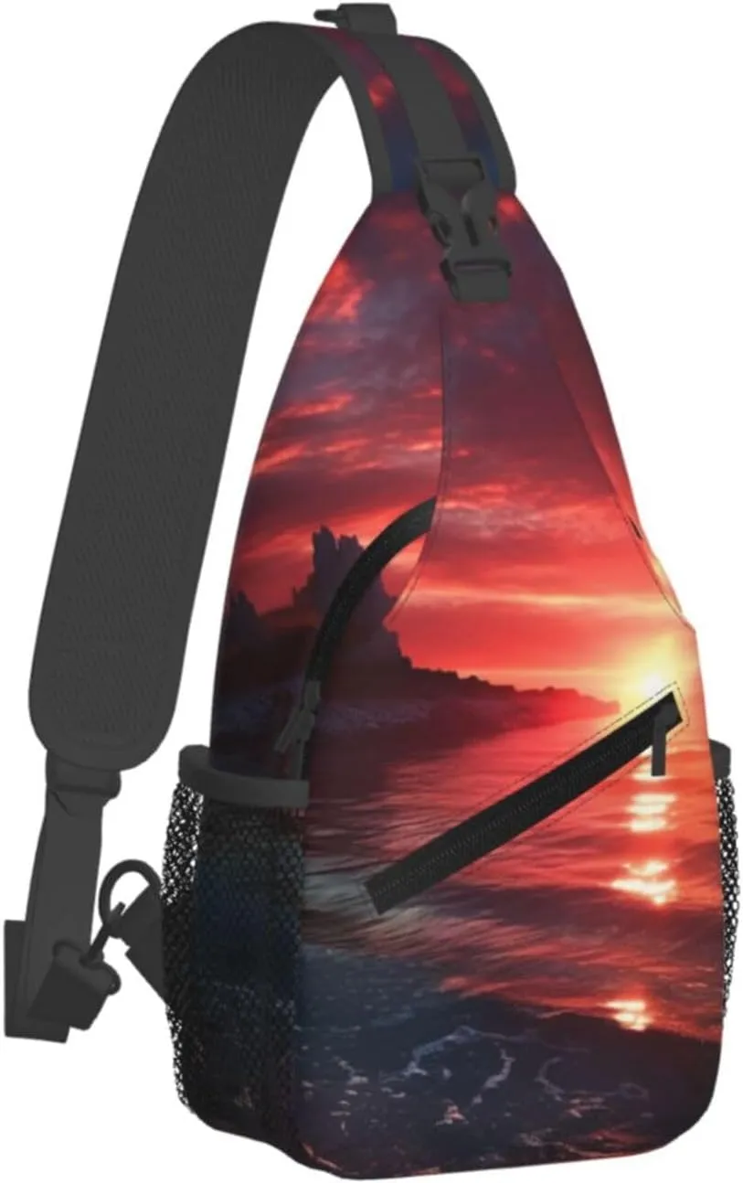 Cross Chest Bag Sling Backpack Turquoise Colored Flowers Sling Bag Crossbody Shoulder Bag Travel Hiking Daypack