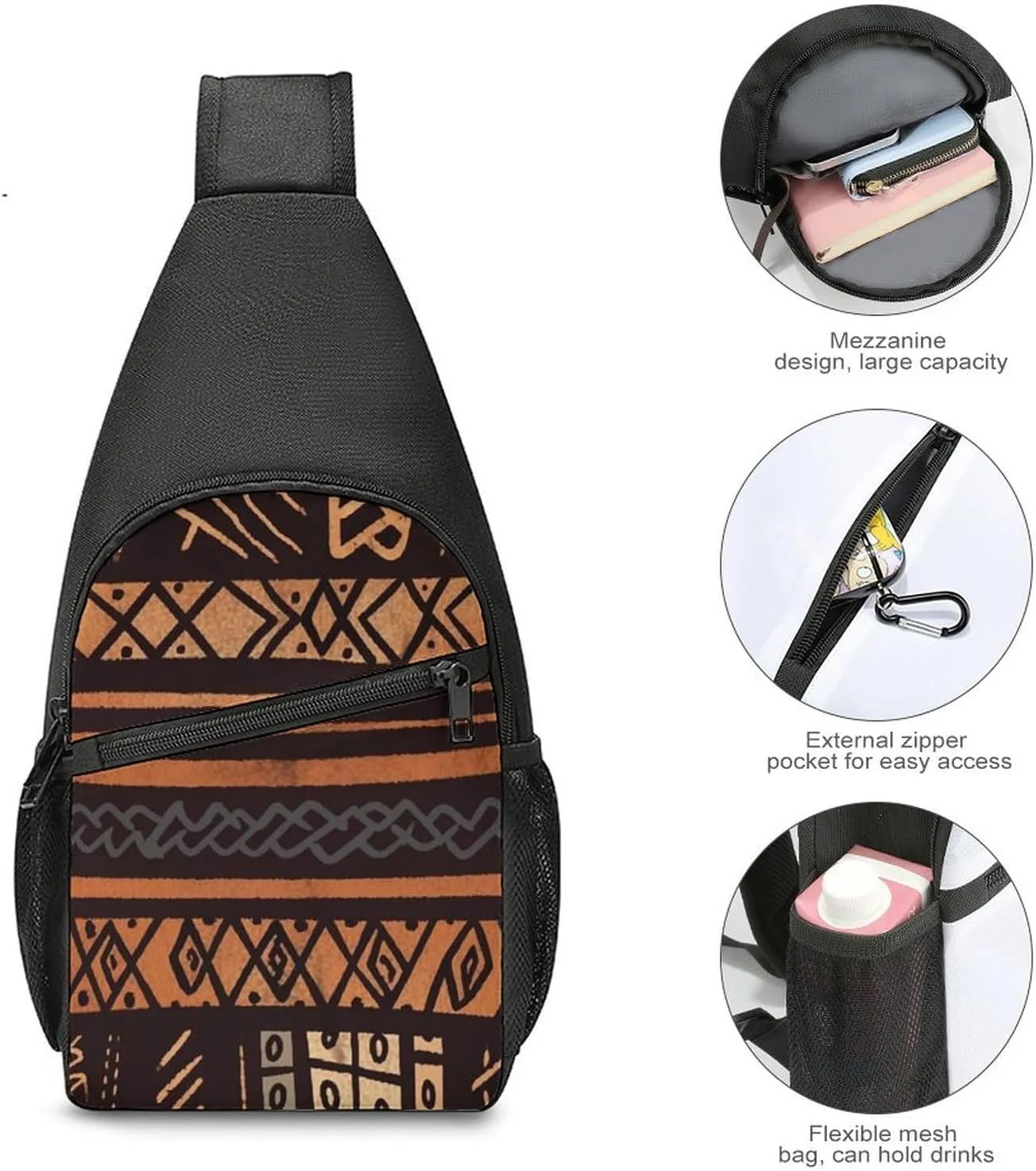 Crossbody Bag for Women Men Sling Bag African Mud Cloth Tribal Chest Bag Crossbody Adjustable Shoulder Bag