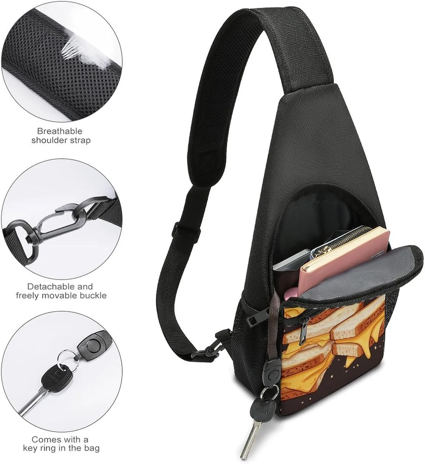 Crossbody Bag for Women Men Sling Bag Cheese Sandwiches Chest Bag Crossbody Adjustable Shoulder Bag