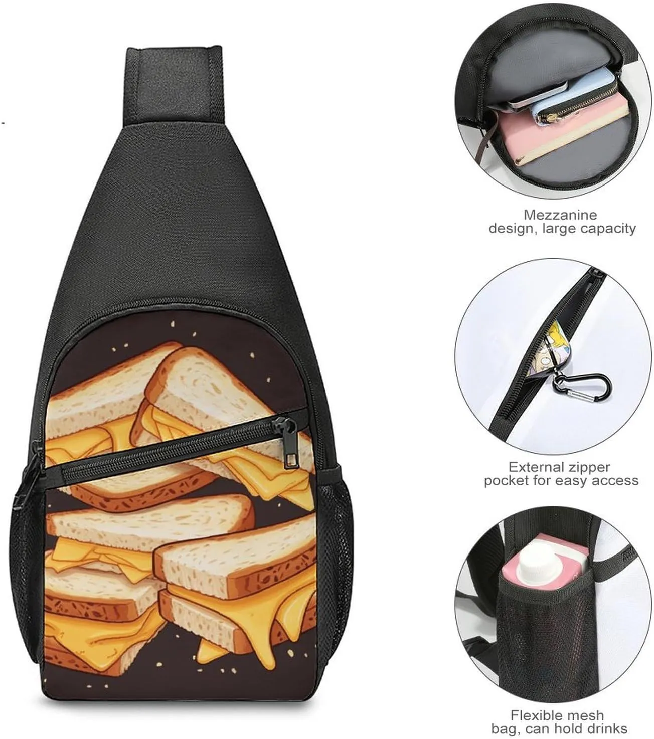 Crossbody Bag for Women Men Sling Bag Cheese Sandwiches Chest Bag Crossbody Adjustable Shoulder Bag
