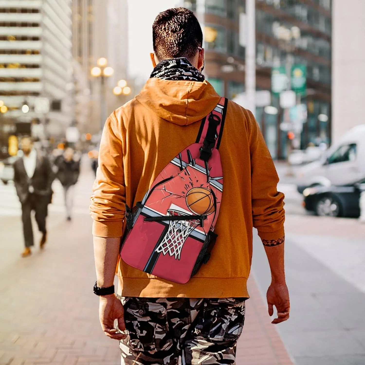 Crossbody Bags for Men, Travel Casual Sling Backpack Basketball Rack Red Gym Chest Bag Large Capacity Shoulder Backpack for Sport