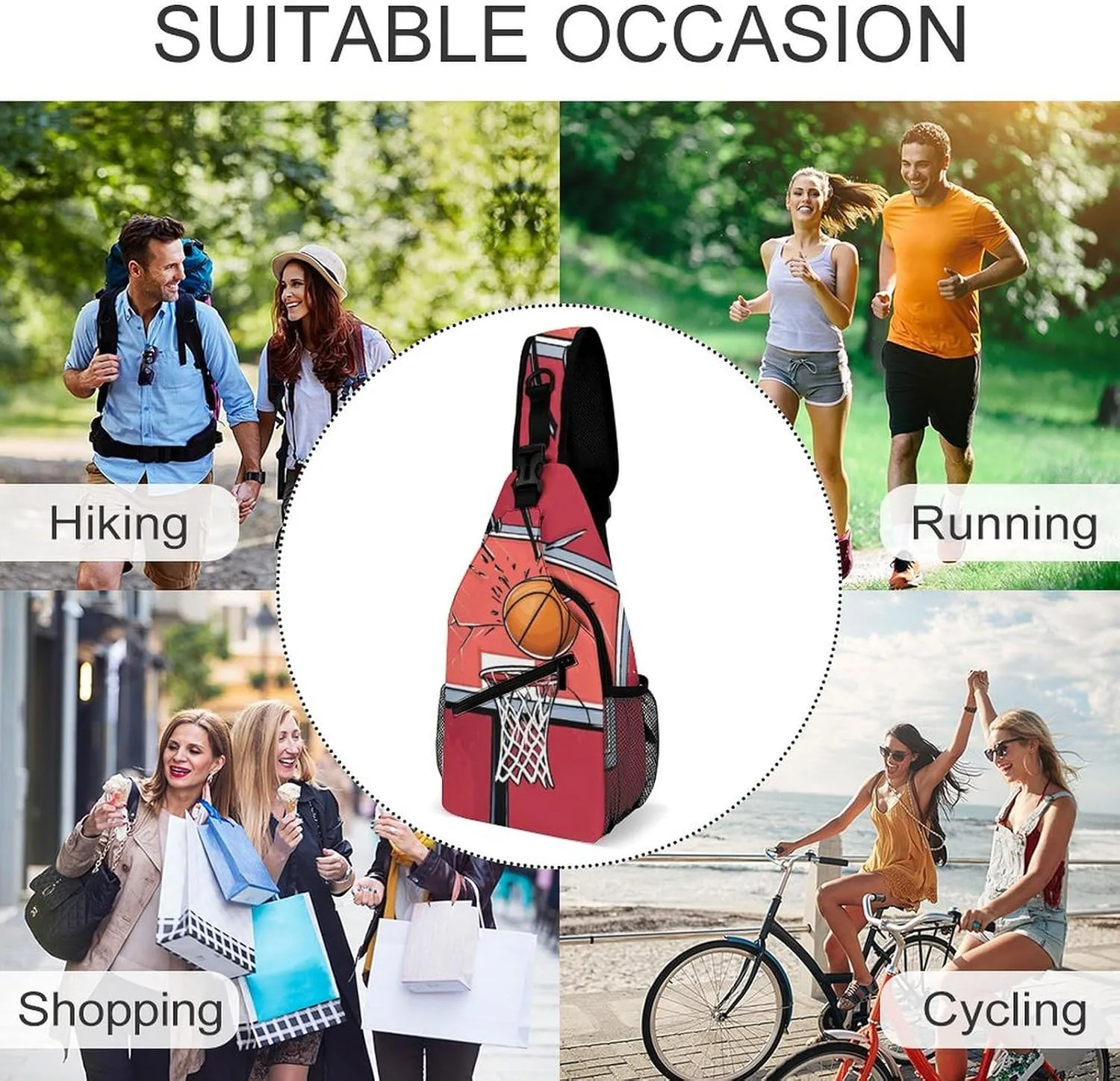 Crossbody Bags for Men, Travel Casual Sling Backpack Basketball Rack Red Gym Chest Bag Large Capacity Shoulder Backpack for Sport