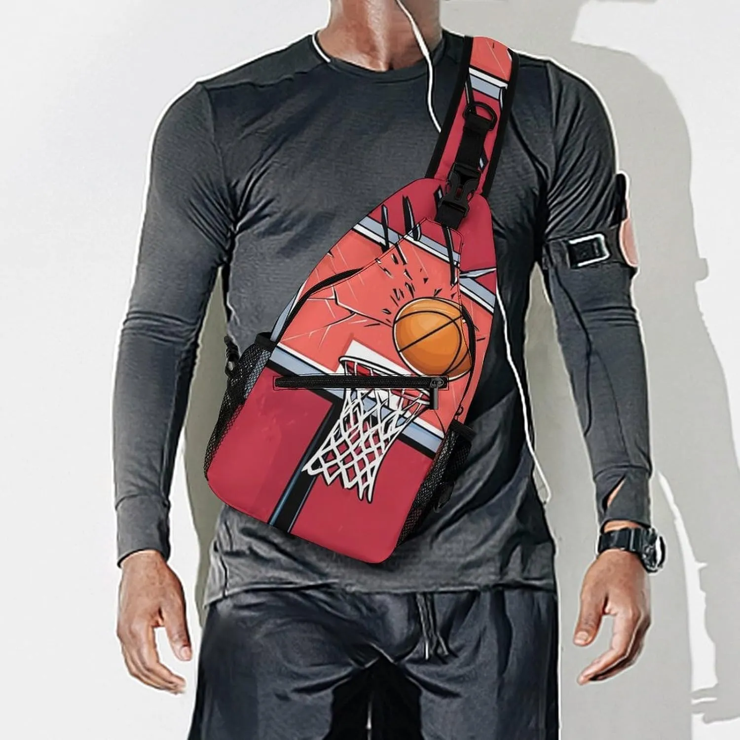 Crossbody Bags for Men, Travel Casual Sling Backpack Basketball Rack Red Gym Chest Bag Large Capacity Shoulder Backpack for Sport