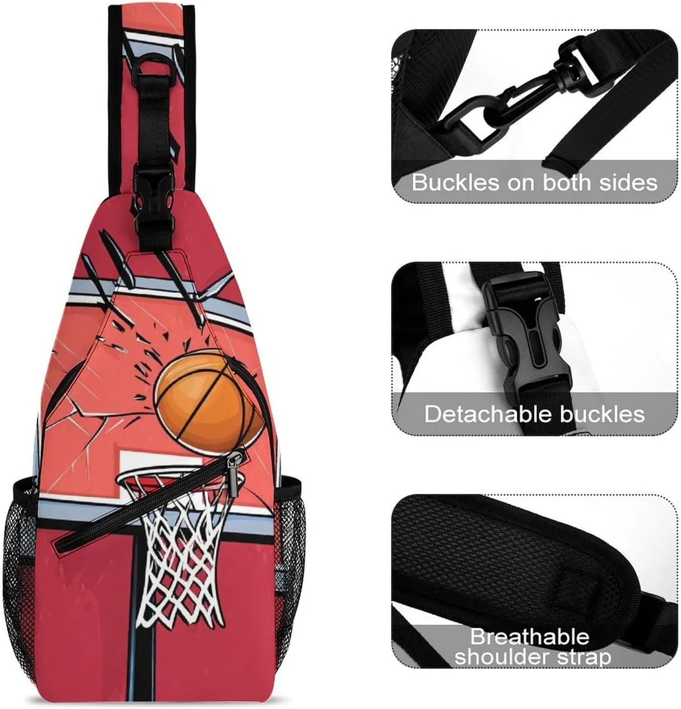 Crossbody Bags for Men, Travel Casual Sling Backpack Basketball Rack Red Gym Chest Bag Large Capacity Shoulder Backpack for Sport