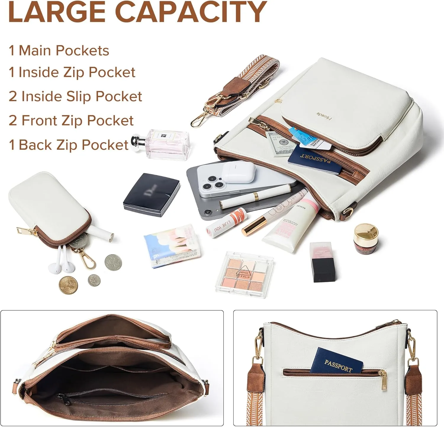 Crossbody Bags for Women Vegan Leather Hobo Purses Travel Shoulder Handbags with Detachable Wide Guitar Strap