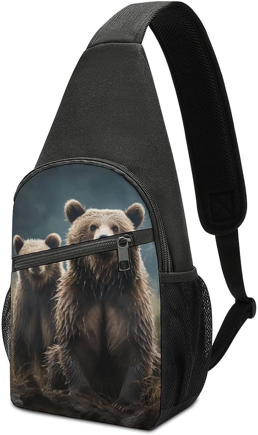 Crossbody Bags Sling Bag for Women Men,Encounter Animal Bear Printed Sling Backpack,Waterproof Bag with Convertible Shoulder Strap,Shoulder Chest Bag for Hiking Traveling