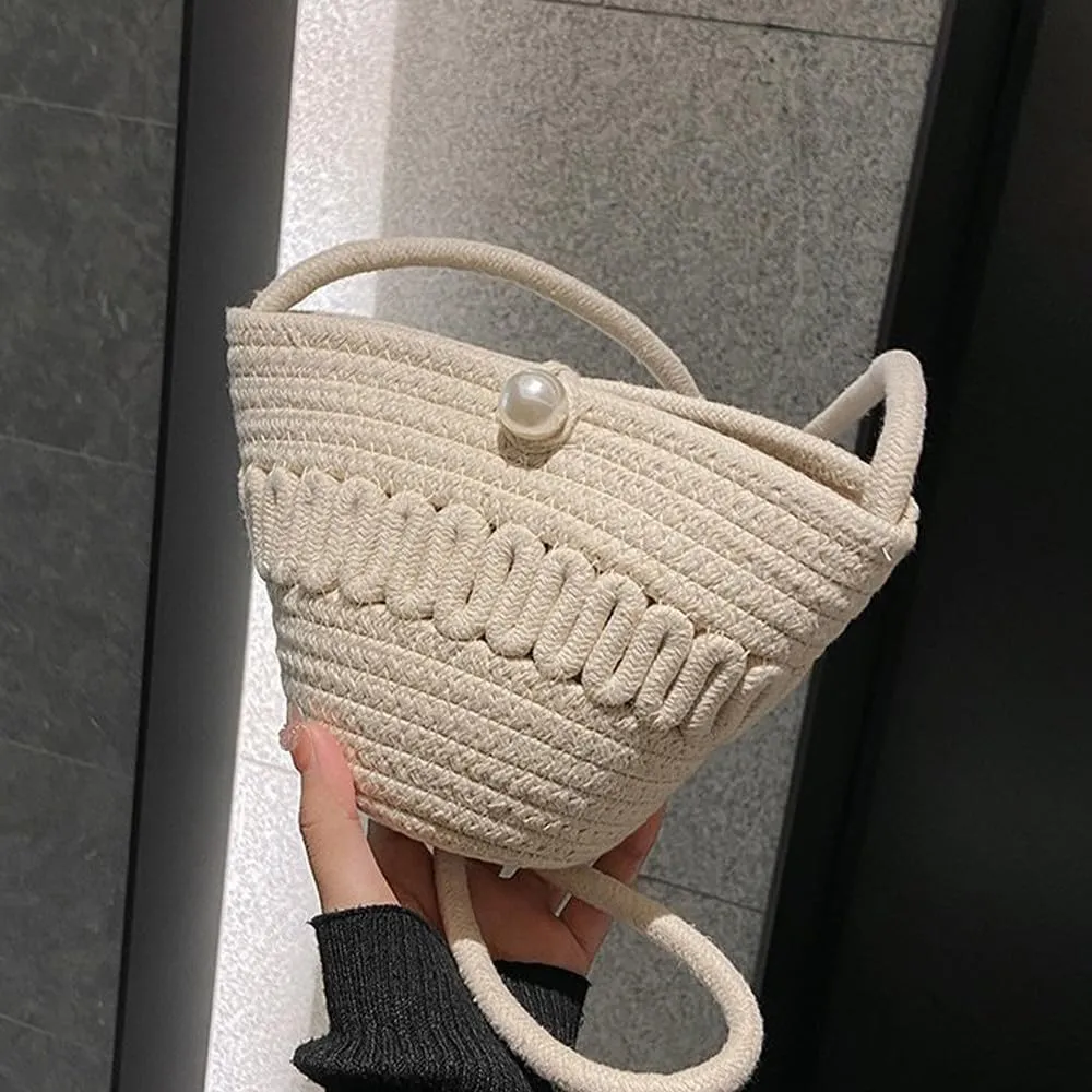 Crossbody Shoulder Bag for Women Classic Cotton Satchel Handbags Ladies Purse Hand-Woven Travel Wallet Hobo Bag Beige