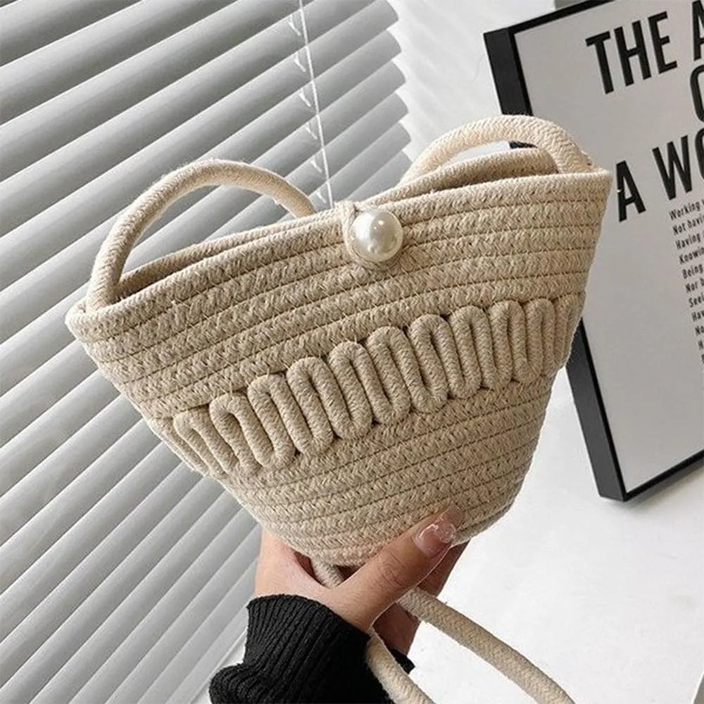 Crossbody Shoulder Bag for Women Classic Cotton Satchel Handbags Ladies Purse Hand-Woven Travel Wallet Hobo Bag Beige