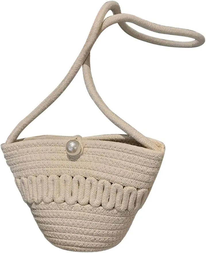 Crossbody Shoulder Bag for Women Classic Cotton Satchel Handbags Ladies Purse Hand-Woven Travel Wallet Hobo Bag Beige