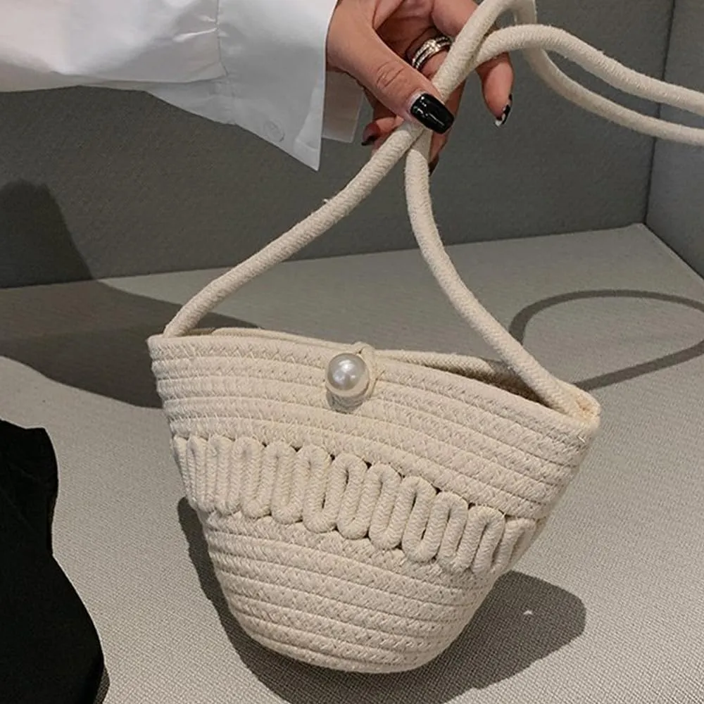 Crossbody Shoulder Bag for Women Classic Cotton Satchel Handbags Ladies Purse Hand-Woven Travel Wallet Hobo Bag Beige