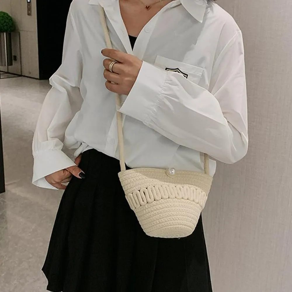 Crossbody Shoulder Bag for Women Classic Cotton Satchel Handbags Ladies Purse Hand-Woven Travel Wallet Hobo Bag Beige