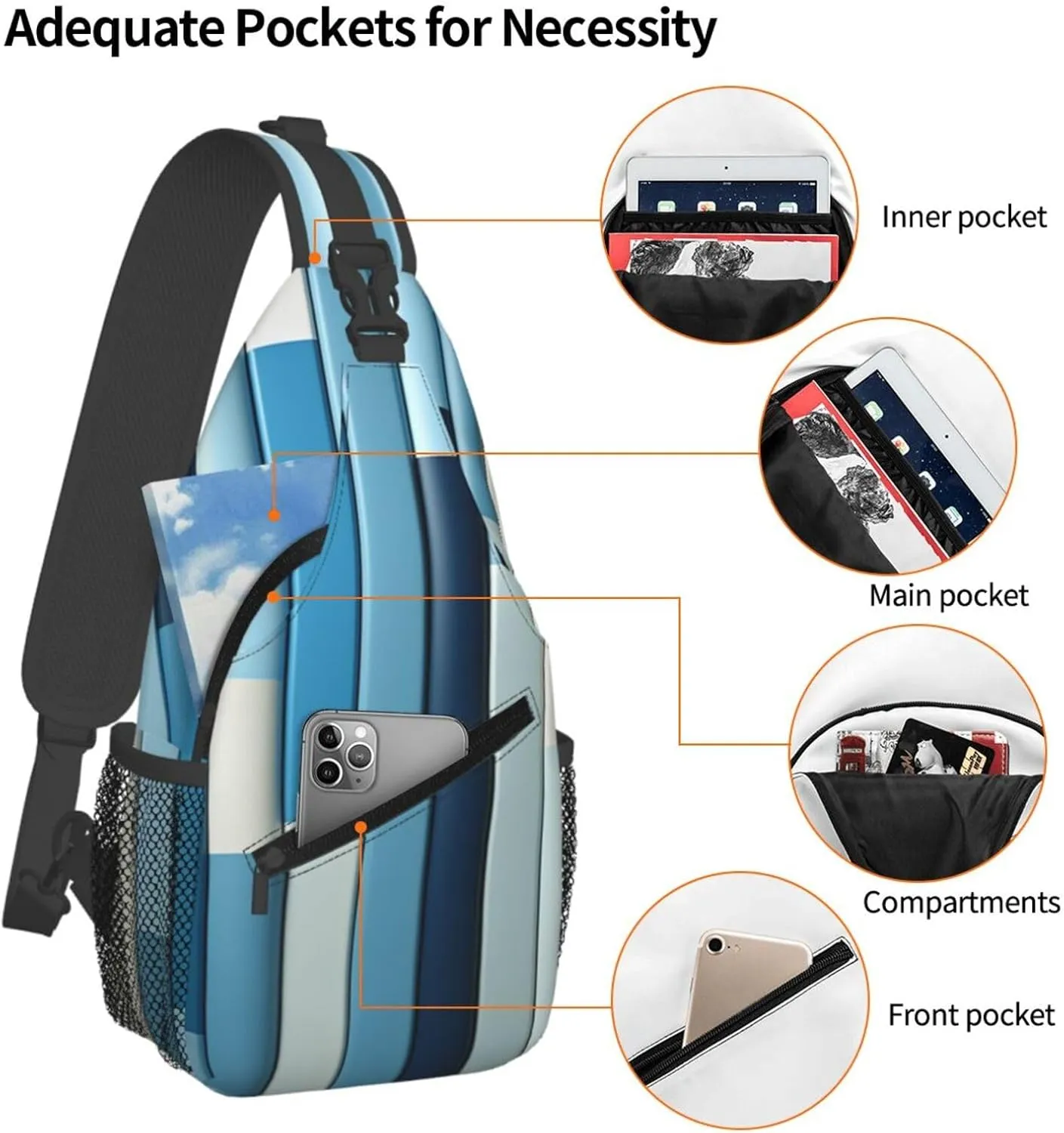 Crossbody Sling Backpack Sling Bag For Men Women Cross Chest Bag Shoulder Bag Blue Stripes Travel Hiking Daypack