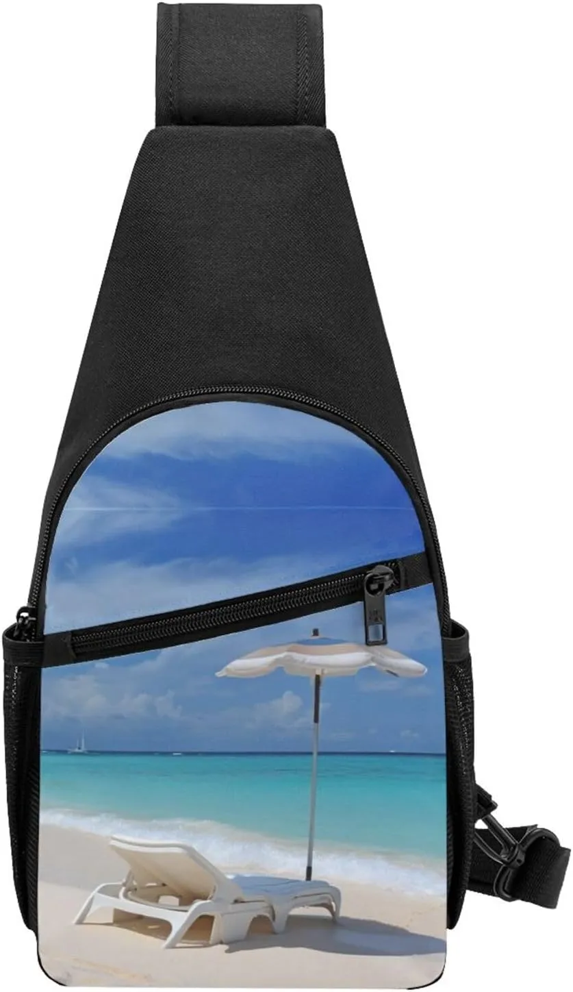 Crossbody Sling Backpack Sling Bag for Men Women Cross Chest Bag Shoulder Bag White Beach Tropical sea Travel Hiking Daypack