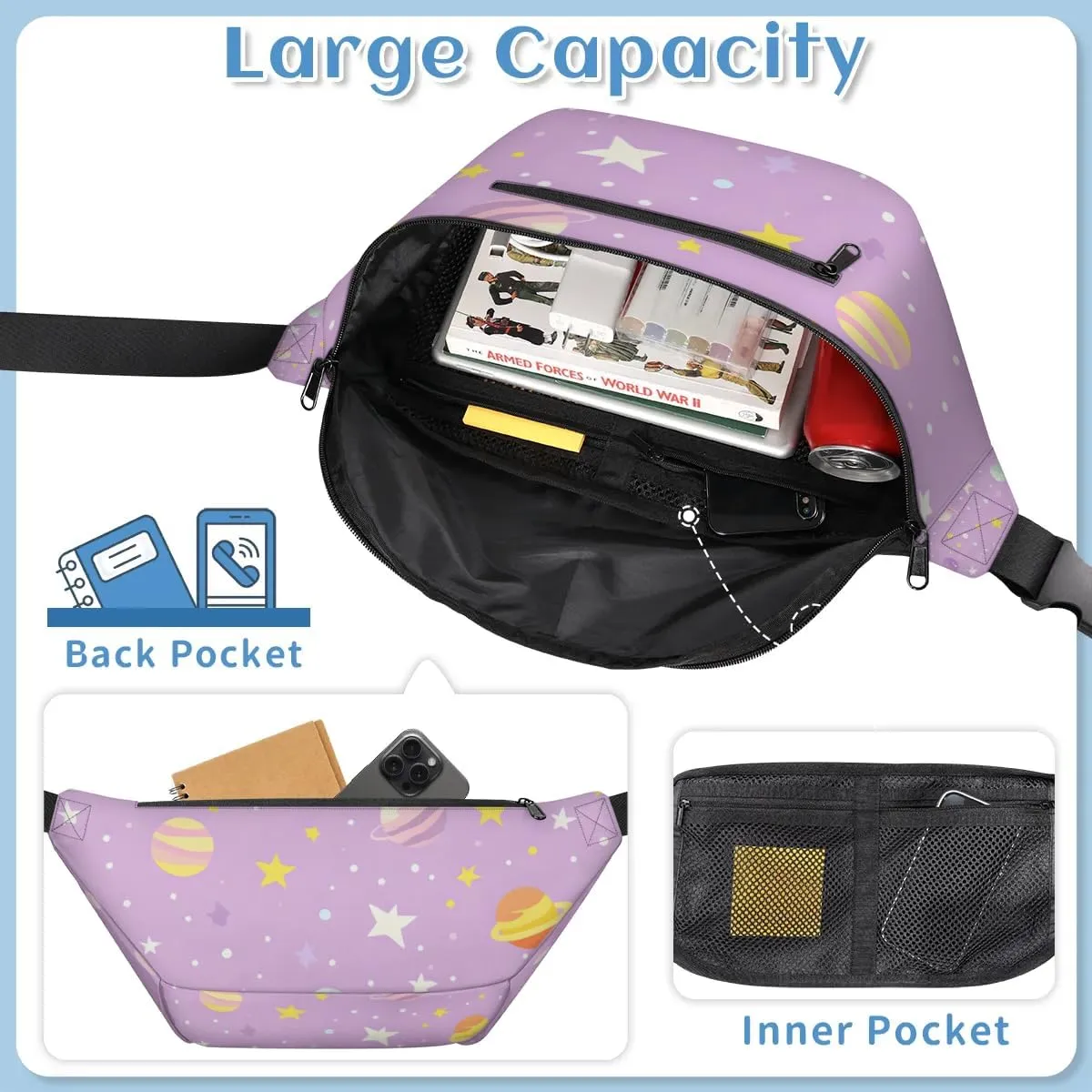 Crossbody Sling Bags for Women Men Cartoon Planets Stars Casual Sling Backpack Daypack Chest Bag for Travel Sport Hiking Running