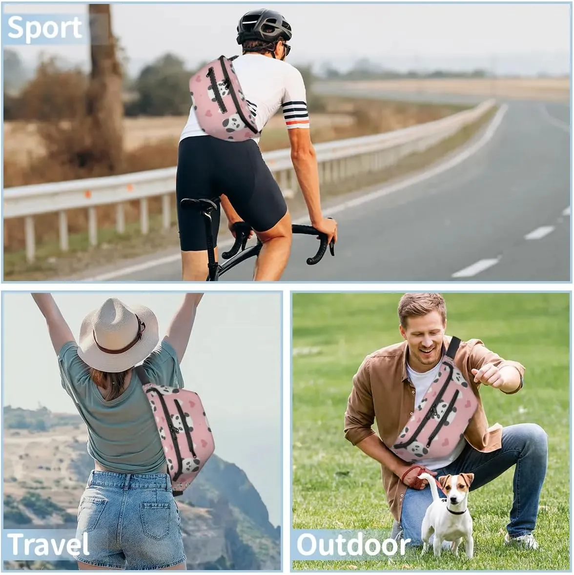 Crossbody Sling Bags for Women Men Cute Pandas Hearts Casual Sling Backpack Daypack Chest Bag for Travel Sport Hiking Running