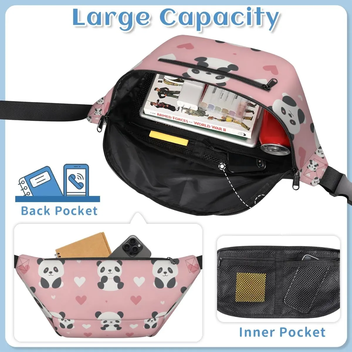 Crossbody Sling Bags for Women Men Cute Pandas Hearts Casual Sling Backpack Daypack Chest Bag for Travel Sport Hiking Running