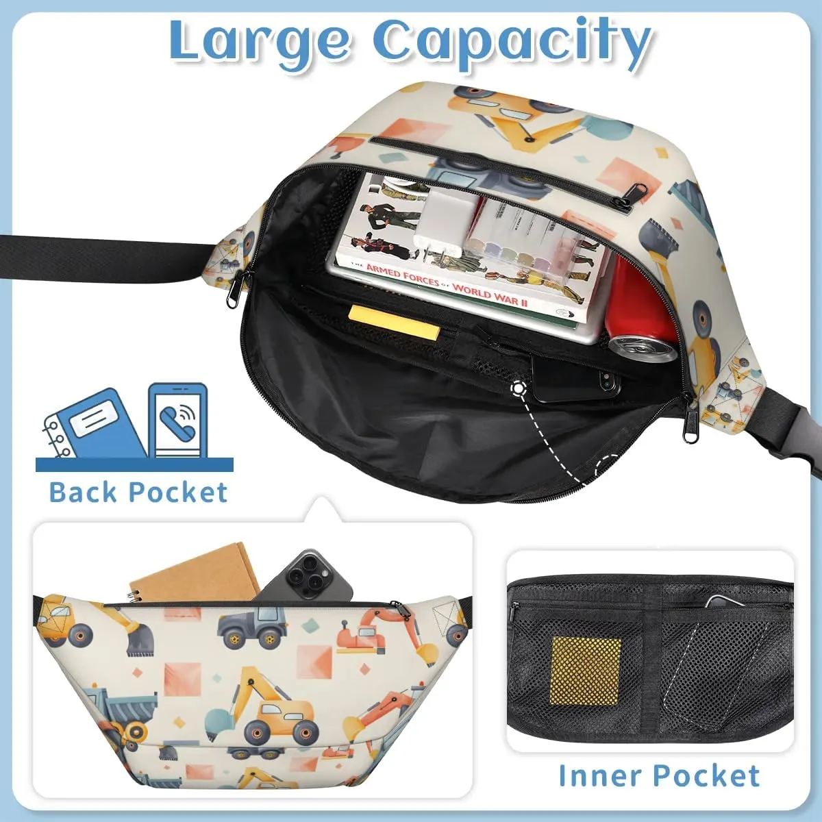 Crossbody Sling Bags for Women Men Excavator Cartoon Casual Sling Backpack Daypack Chest Bag for Travel Sport Hiking Running