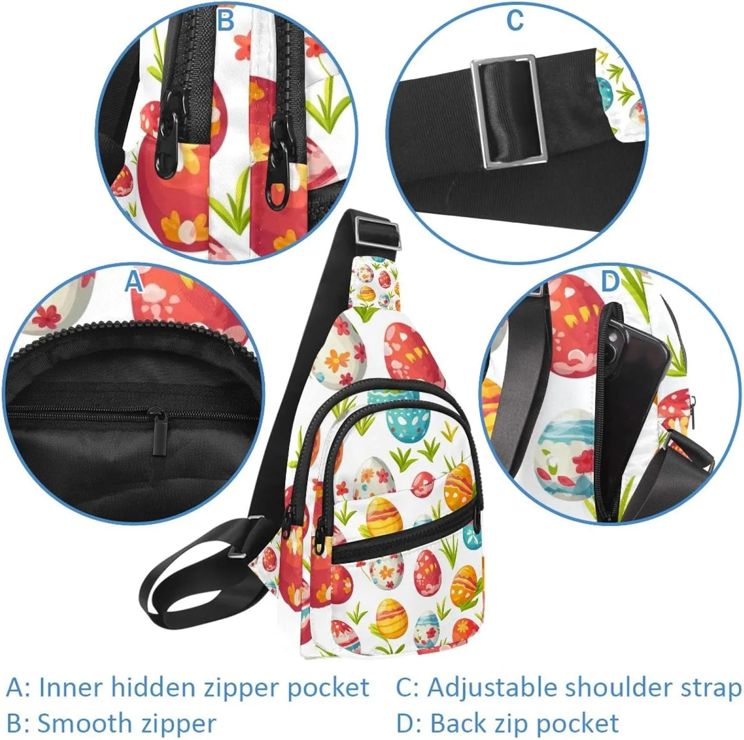 Crossbody Small Sling Bag Backpack for Women Men, Easter Painted Eggs Chest Daypack Crossbody Travel Sports Hiking