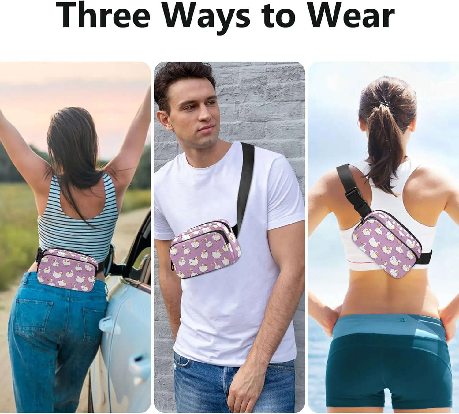 Custom Cartoon Duck Violet Fanny Packs for Women Waterproof Large Hip Belt Bag Cute Crossbody Waist Bag