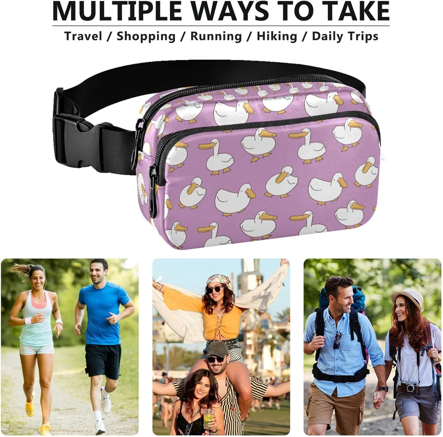 Custom Cartoon Duck Violet Fanny Packs for Women Waterproof Large Hip Belt Bag Cute Crossbody Waist Bag
