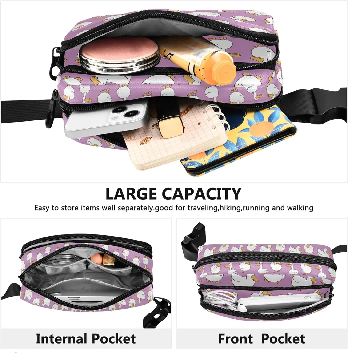 Custom Cartoon Duck Violet Fanny Packs for Women Waterproof Large Hip Belt Bag Cute Crossbody Waist Bag