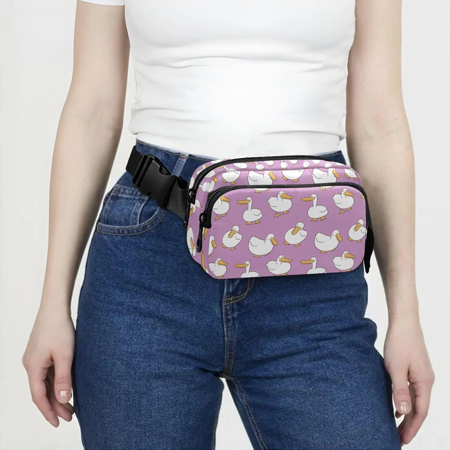 Custom Cartoon Duck Violet Fanny Packs for Women Waterproof Large Hip Belt Bag Cute Crossbody Waist Bag