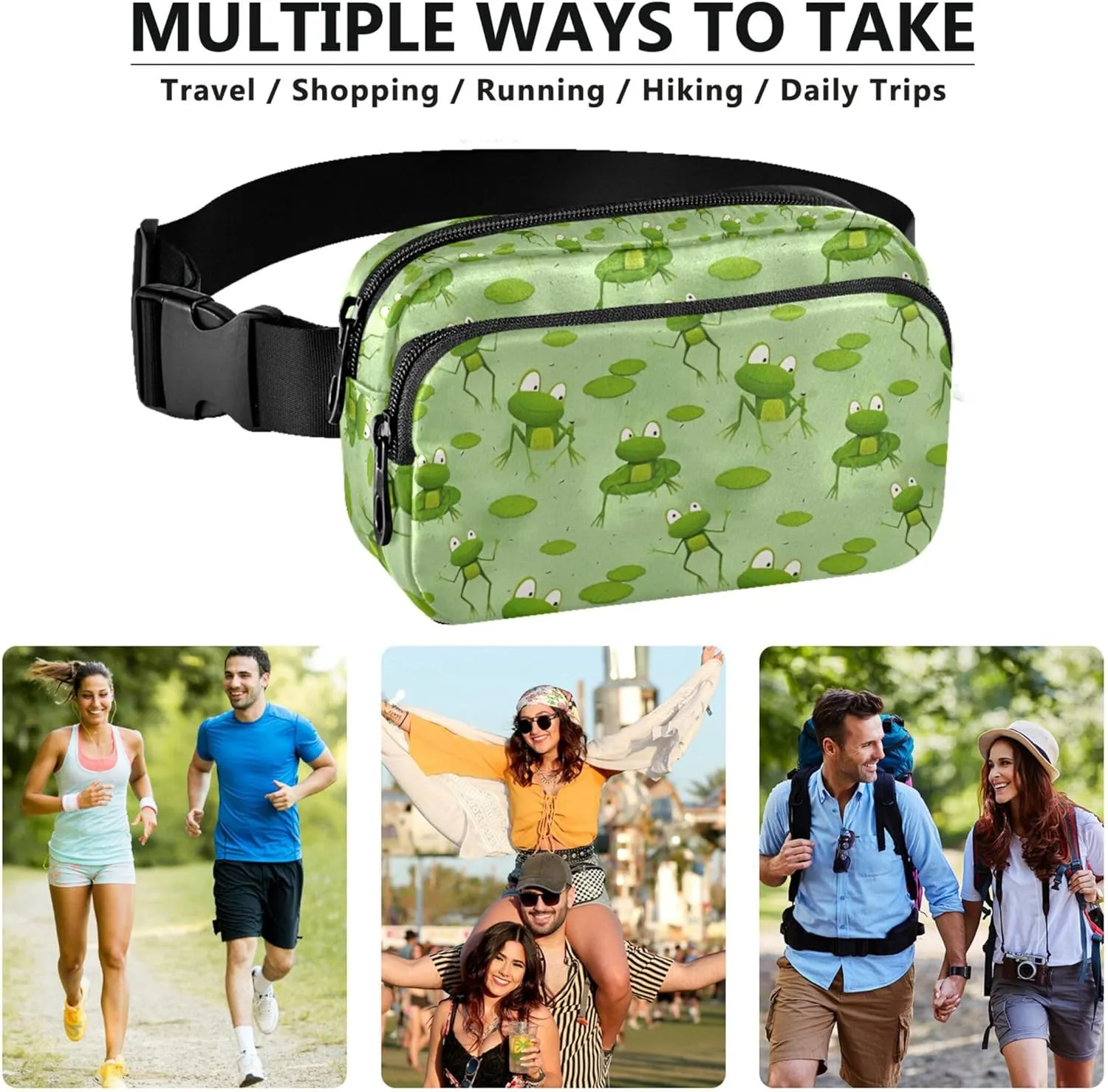 Custom Cartoon Frogs Sitting Water Green Fanny Packs Women Trendy Belt Bag Hip Pouch Waterproof Travel Waist Bag