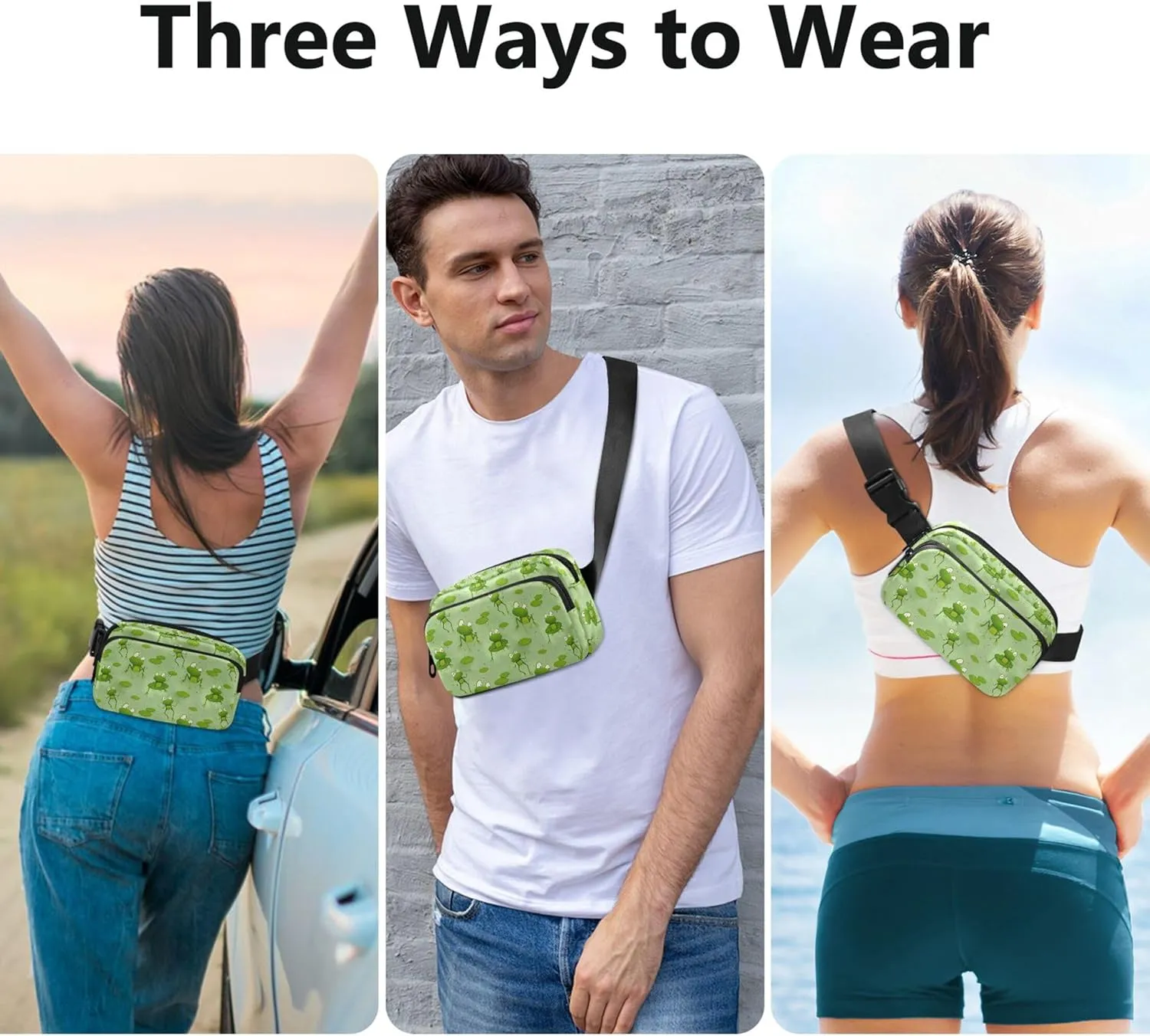 Custom Cartoon Frogs Sitting Water Green Fanny Packs Women Trendy Belt Bag Hip Pouch Waterproof Travel Waist Bag