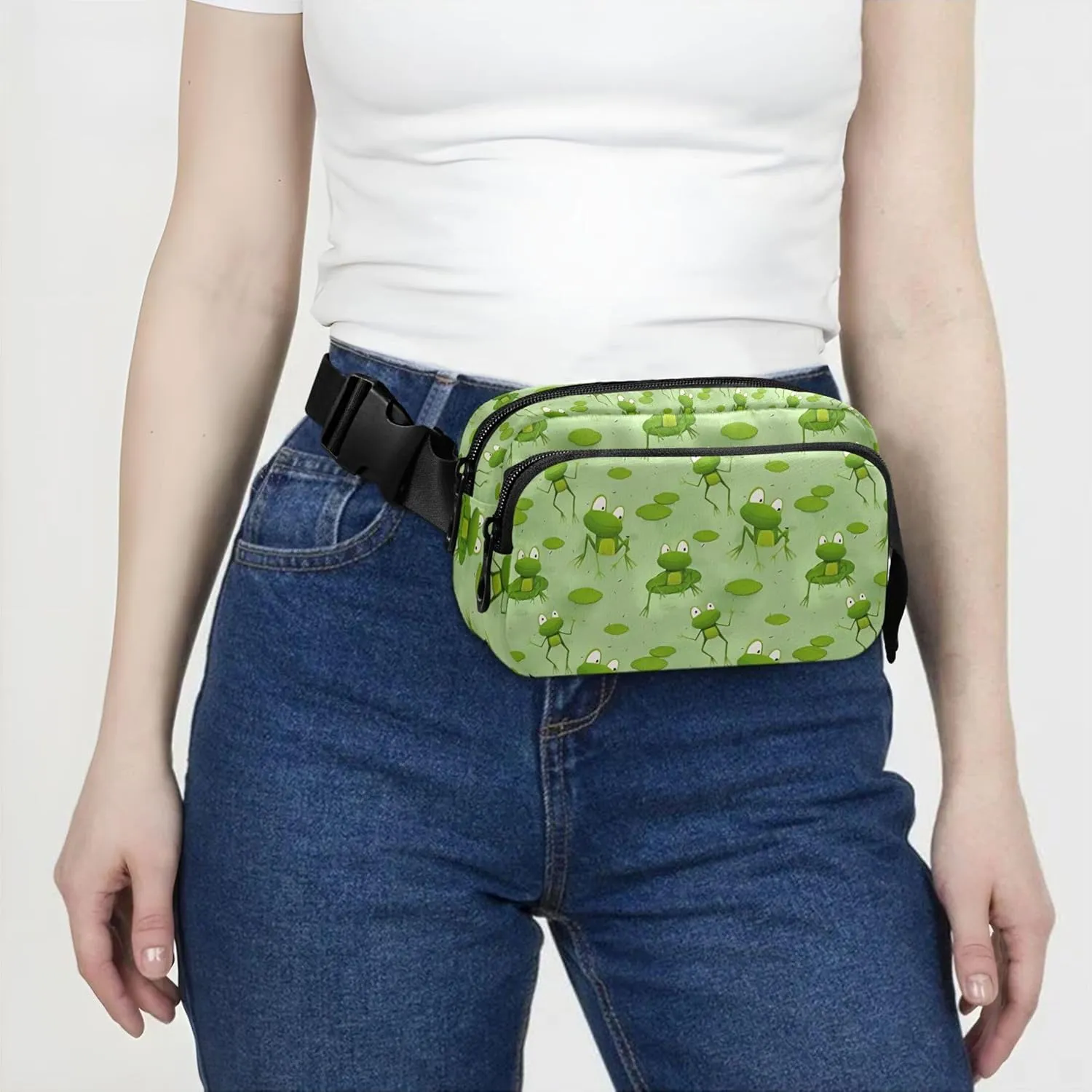 Custom Cartoon Frogs Sitting Water Green Fanny Packs Women Trendy Belt Bag Hip Pouch Waterproof Travel Waist Bag