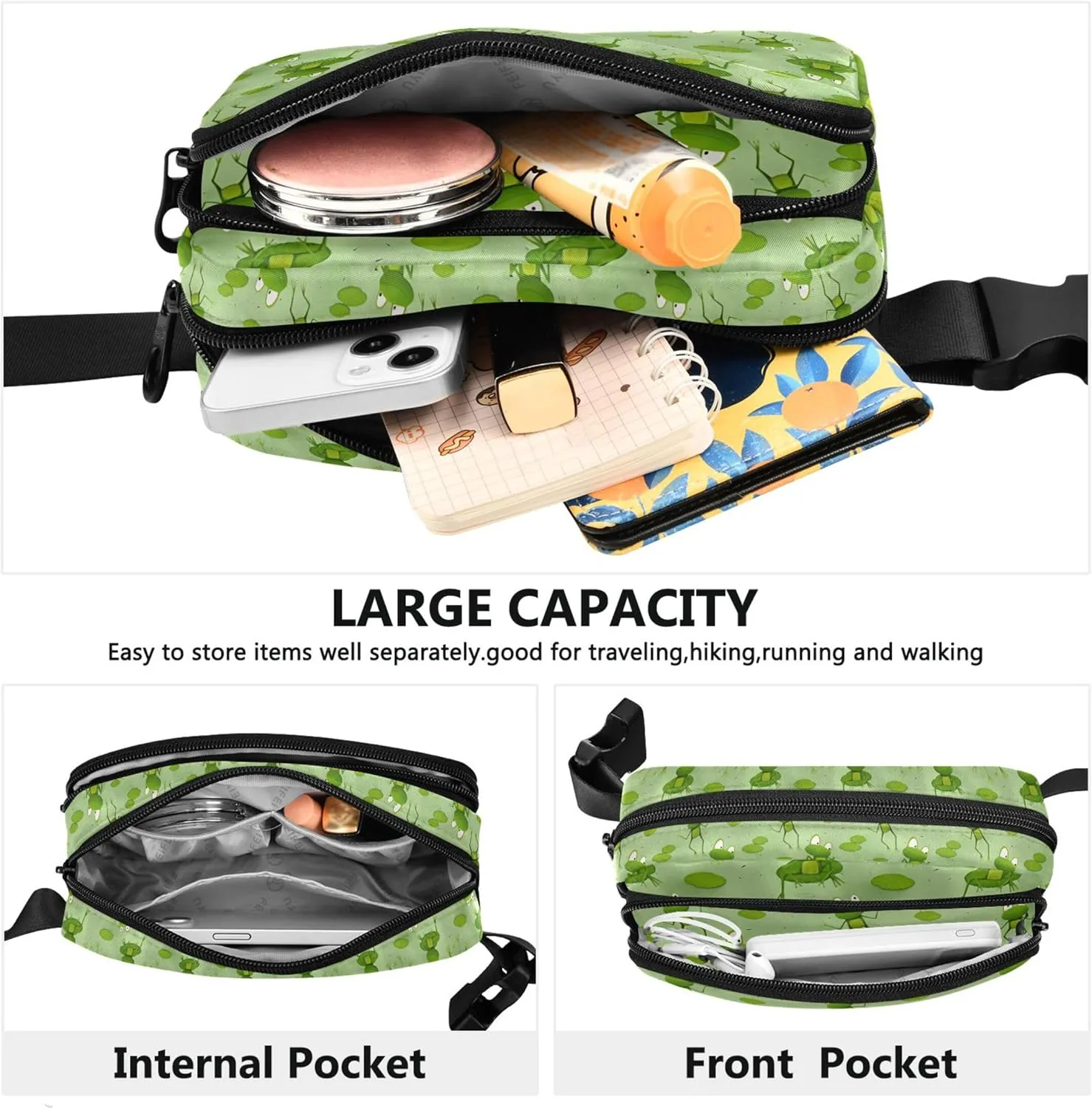 Custom Cartoon Frogs Sitting Water Green Fanny Packs Women Trendy Belt Bag Hip Pouch Waterproof Travel Waist Bag