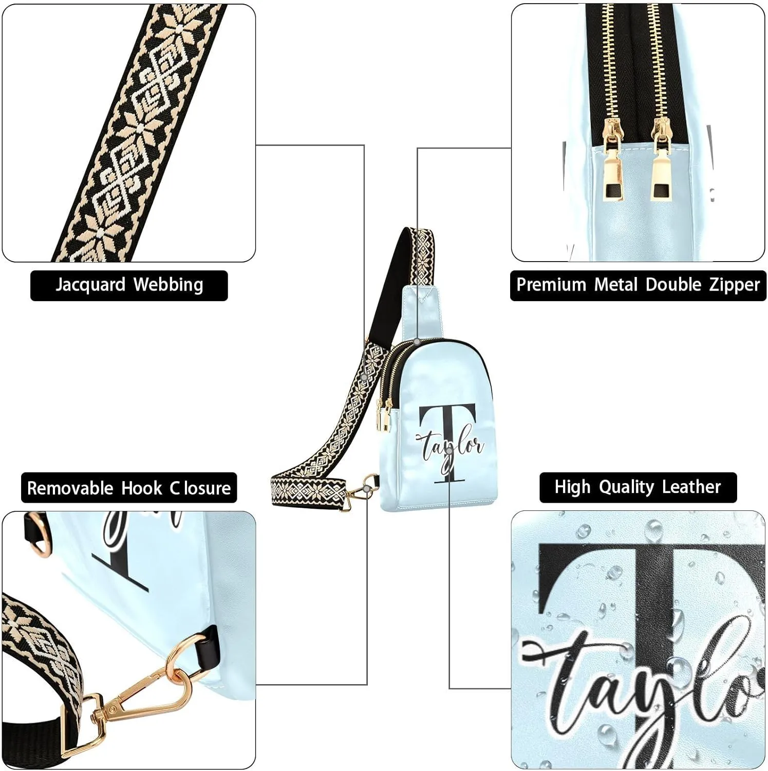 Custom Light Blue Sling Bag for Women Personalized Leather Crossbody Bags Cross Body Fanny Pack Purse Purse Fanny Packs with Adjustable Strap for Women Teen