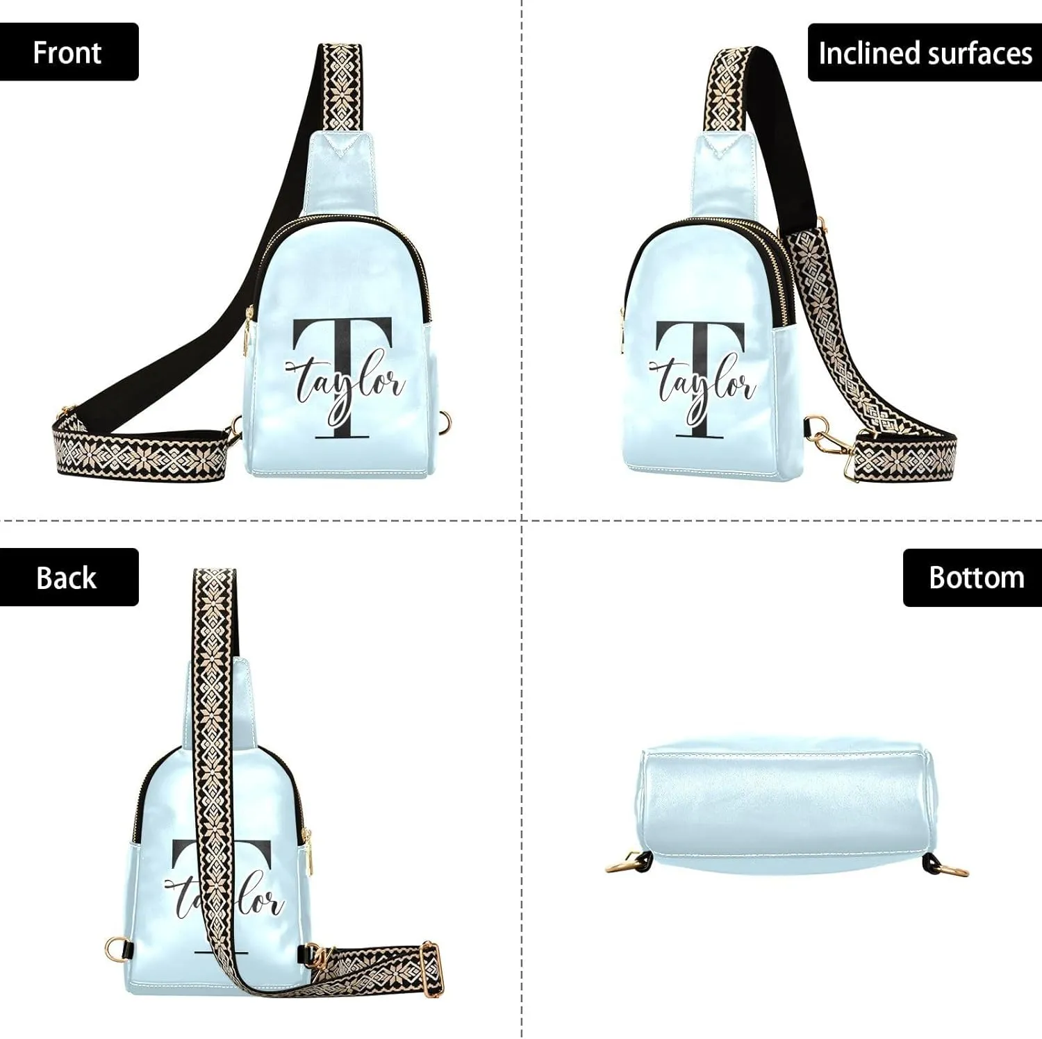 Custom Light Blue Sling Bag for Women Personalized Leather Crossbody Bags Cross Body Fanny Pack Purse Purse Fanny Packs with Adjustable Strap for Women Teen